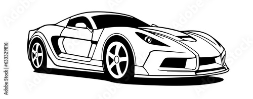 Outline drawing of fast Cartoon racing car concept, car coloring page line art, sport vehicle from side and front view. Vector doodle illustration, design for coloring book or print