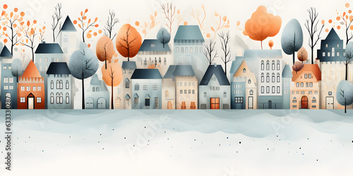 Cartoon colorful autumn city seamless watercolor background