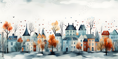 Cartoon colorful autumn city seamless watercolor background