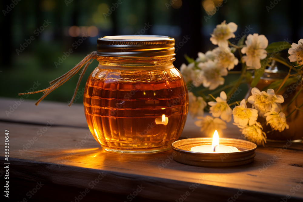 A serene evening capture of a honey jar lit up by candlelight, creating a warm and inviting ambiance A serene evening capture of a honey jar lit up by candlelight, creating a warm and inviting ambiance