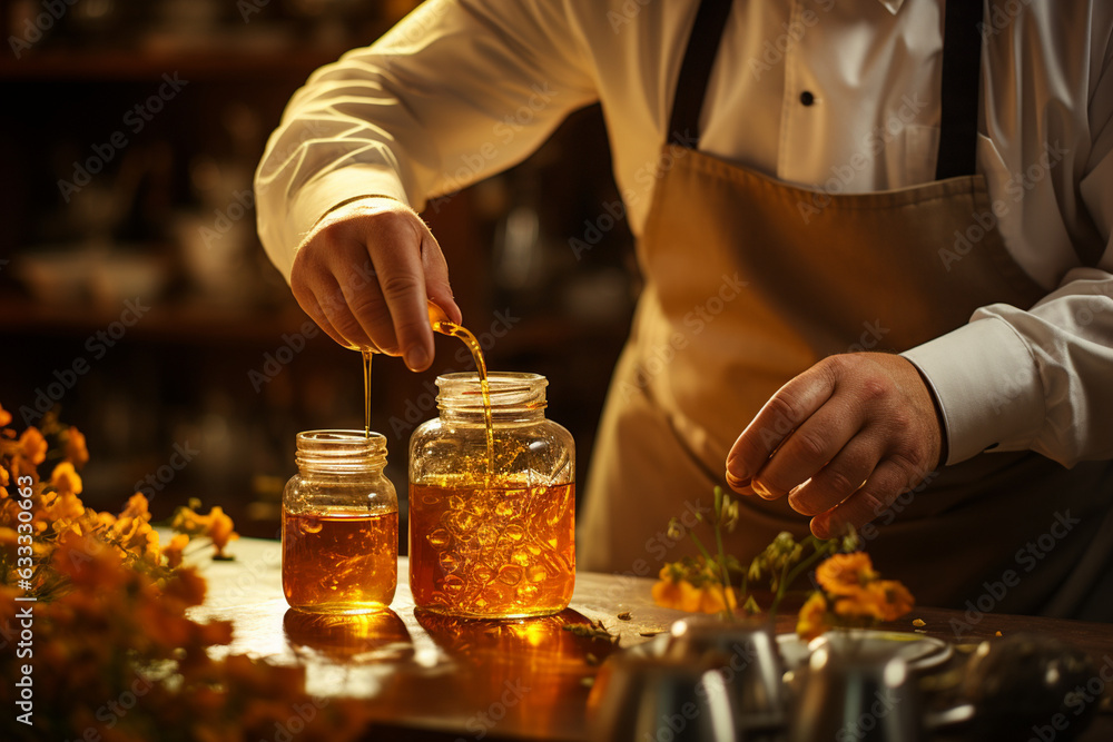 A shot of a chef in action, adding honey from a jar to a gourmet dish, capturing the art of culinary creation 