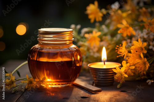 A serene evening capture of a honey jar lit up by candlelight, creating a warm and inviting ambiance 