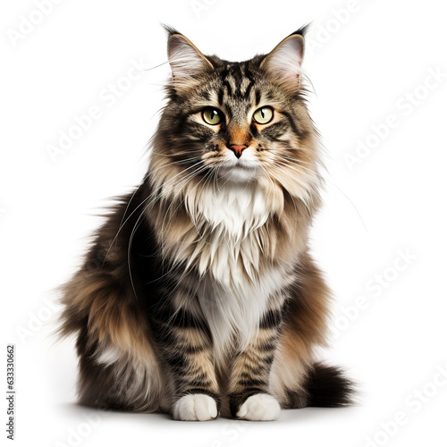 Portrait Norwegian Forest Cat. Gray-brown cat on a white background. Isolated photo of a cat.