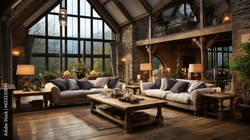 A modern, large living room with a Rustic interior. Generative AI © Sandris_ua