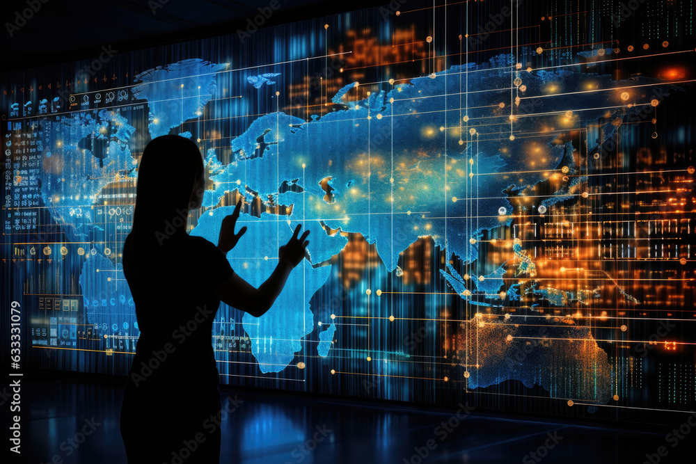 woman standing in front giant screen displaying world map. Technology background
