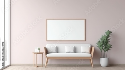 A framed empty mockup poster layout on the wall in a hospital waiting room with modern Scandinavian - style furniture and a large window. Generative AI
