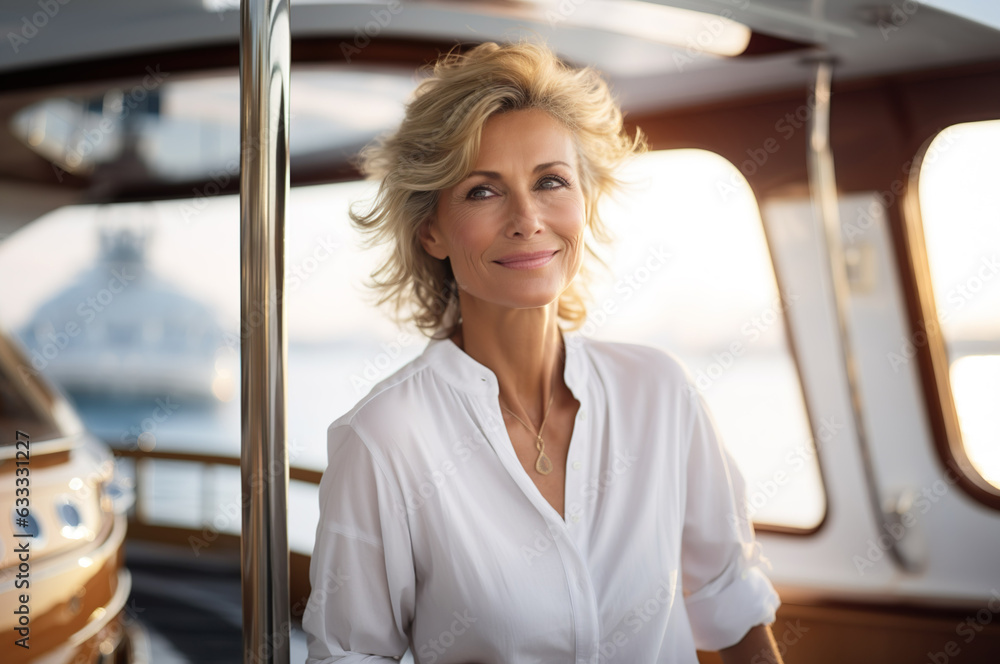 AI generated image of mature senior woman on yacht AI generated image of mature senior woman on yacht