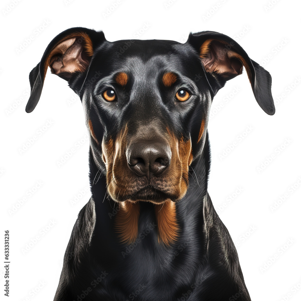 Portrait Doberman Pinscher breed Dog. Black dog on a white background. Isolated photo of a dog.