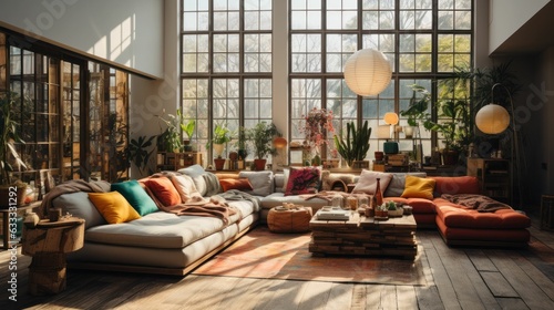 A modern, large living room with a Bohemian interior. Generative AI © Sandris_ua