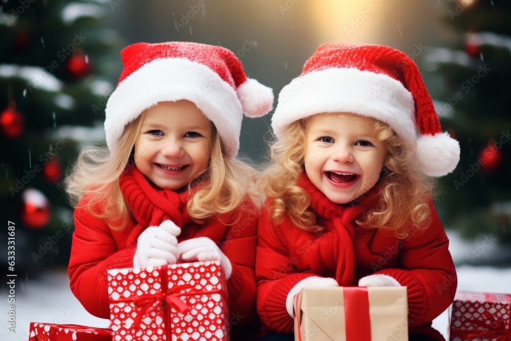 kids in santa claus hats with a christmas presents kids in santa claus hats with a christmas presents