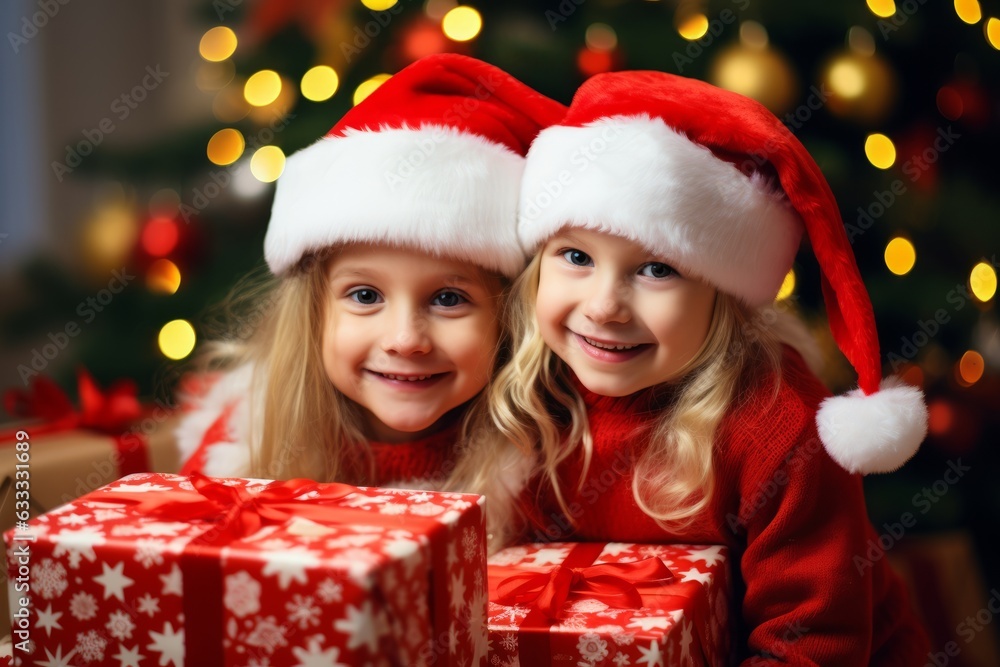 kids in santa claus hats with a christmas presents