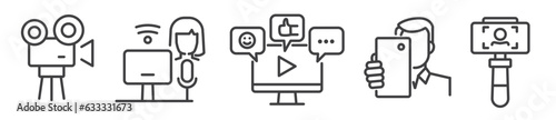 Social media, influencer marketing, content creation, brand ambassador and streaming - vector thin line icon collection on white background