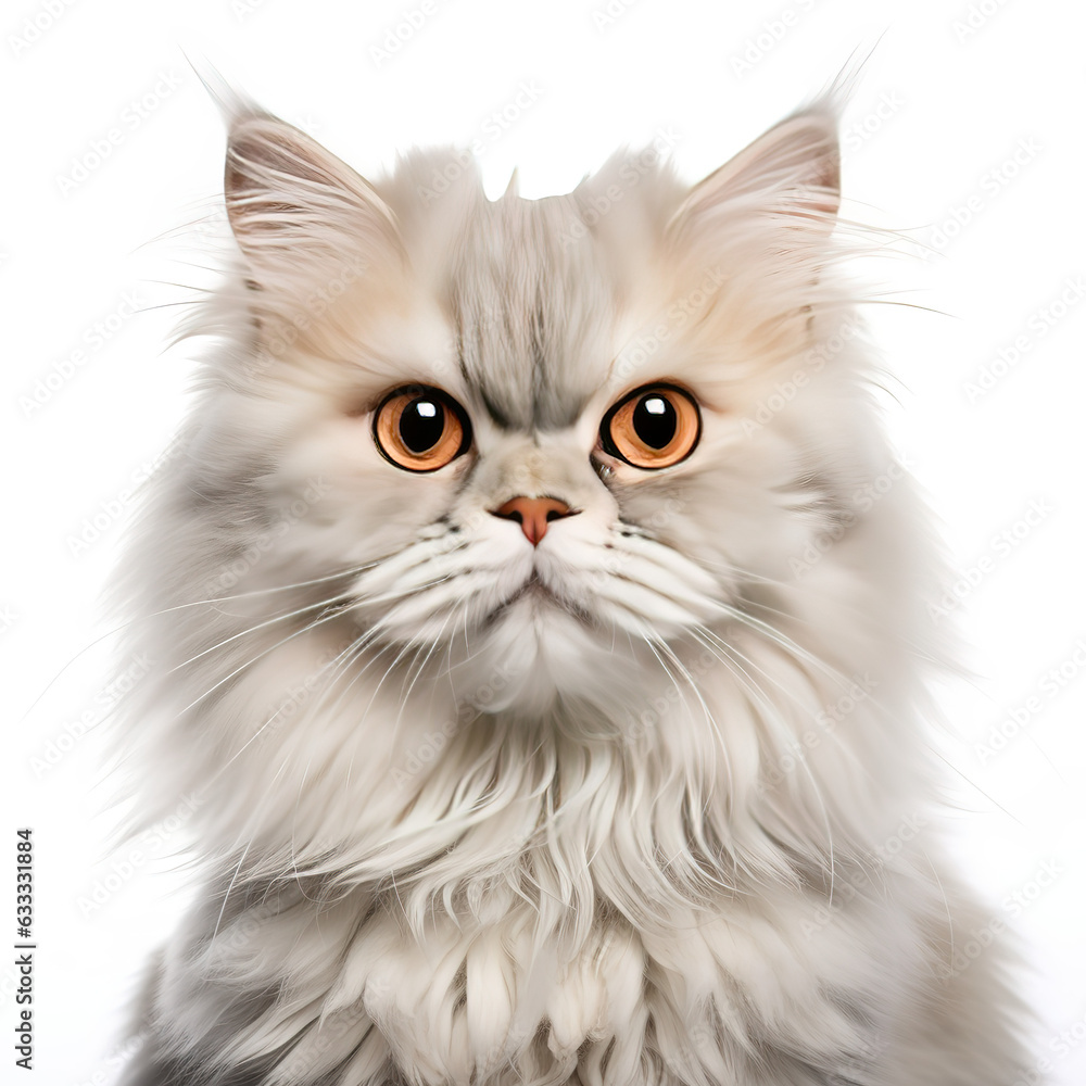 Portrait Persian breed cat. Gray cat on a white background. Isolated photo of a cat.