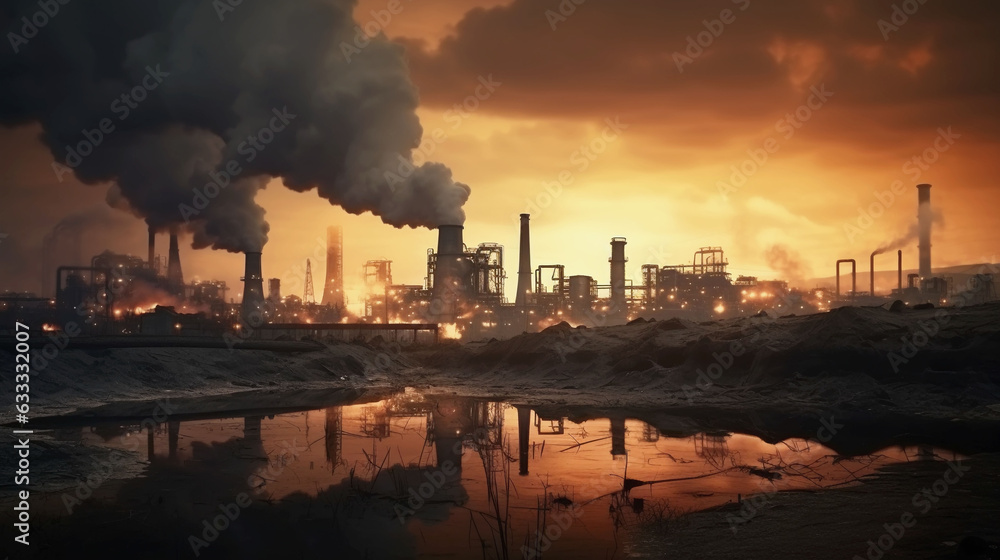 Industrial factory, smog, exhaust fumes, waste. Global warming. Dirty air, carbon dioxide. Environmental degradation.