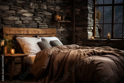 bedroom interior with Rustic interior design. Generative AI