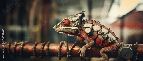 Surreal steampunk red chameleon lizard made from rusty mechanical metal gears and cogs, living in a dystopian industrial world where nature is replaced with steelwork factories - generative AI photo