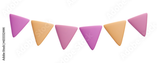 3d plastic bunting. Vector party garland with triangle flags, isolated element for greeting cards, banner, creative design. Cartoon object.