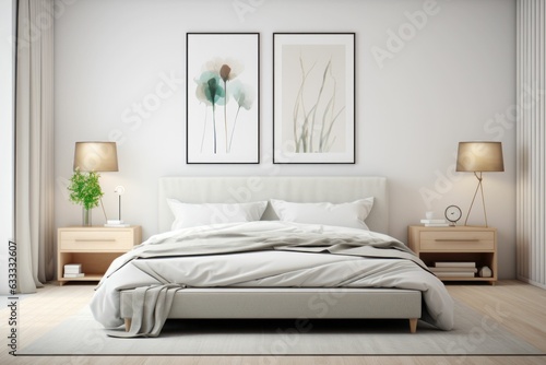 bedroom interior with a large comfortable bed. Modern style. Front view. Generative AI