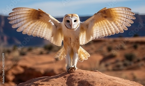A majestic owl spreading its wings on a rocky perch © uhdenis