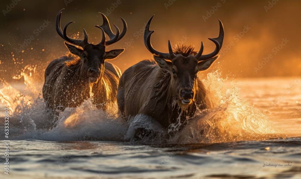 Two large animals running through a body of water