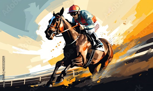 A jockey riding a horse in a dynamic painting