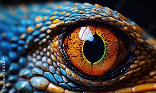 A close-up of a lizard's eye, revealing intricate details and vibrant colors