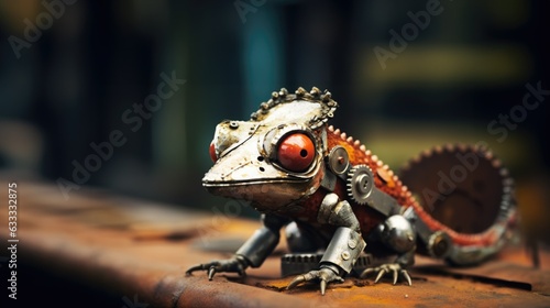 Surreal steampunk red chameleon lizard made from rusty mechanical metal gears and cogs, living in a dystopian industrial world where nature is replaced with steelwork factories - generative AI © SoulMyst