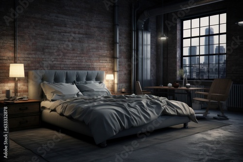 bedroom interior with Industrial interior design. Night light. Generative AI