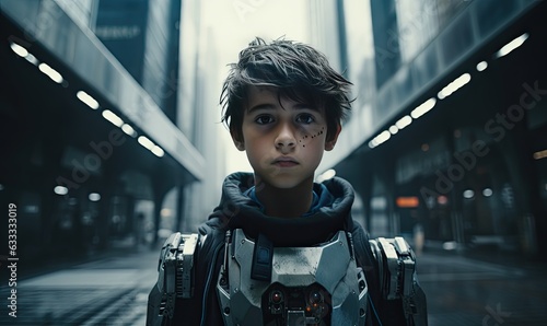 A young boy in a futuristic suit standing in a hallway