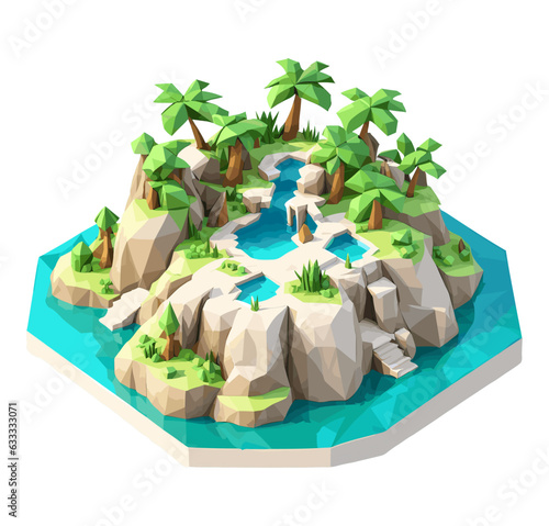 3D isometric low poly of a tropical island with the river,