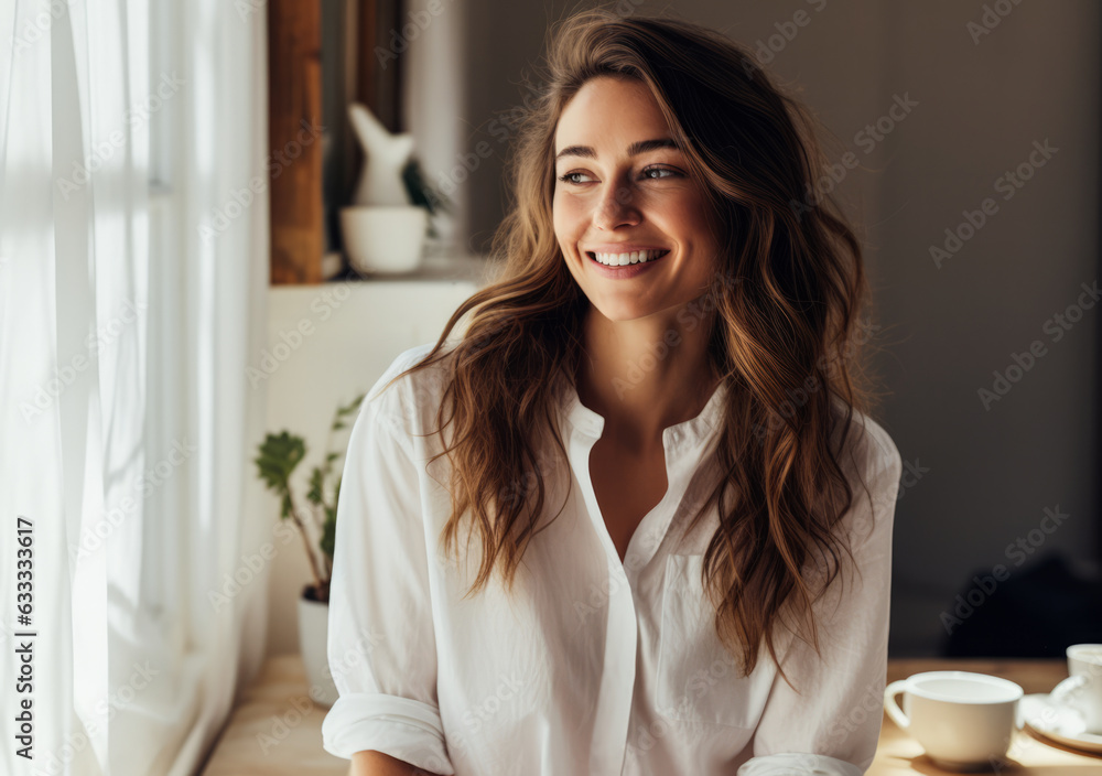 Beautiful young woman at her luxury home. Generative AI. Beautiful young woman at her luxury home. Generative AI.