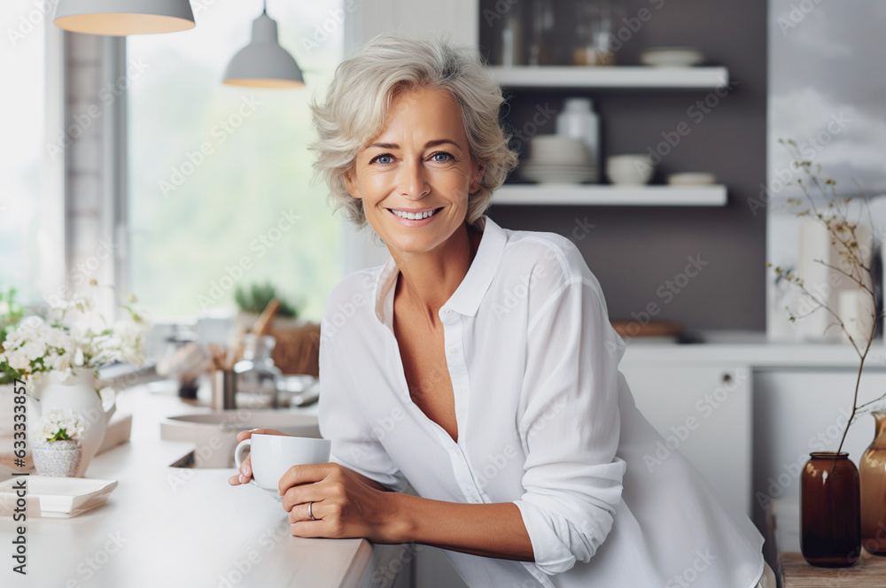 AI generated image of mature senior woman with coffee in home AI generated image of mature senior woman with coffee in home