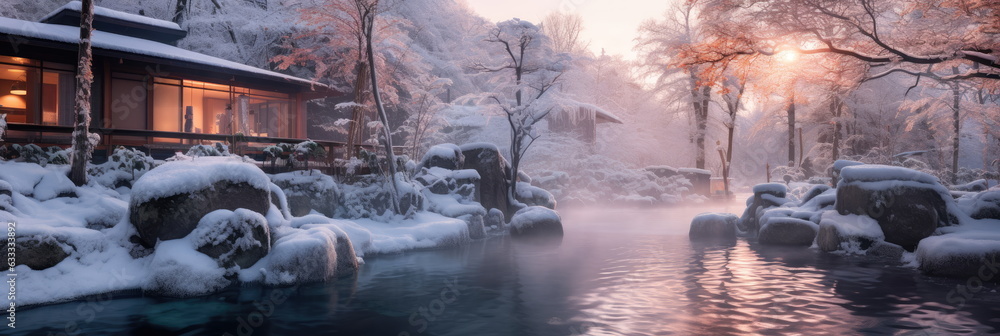 Φωτογραφία Onsen ryokan or a traditional classic modern Japanese house with Japanese garden in wintertime