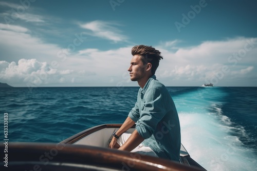 Young Man In A Green Summer Shirt Driving A Boat At Sea © savitch