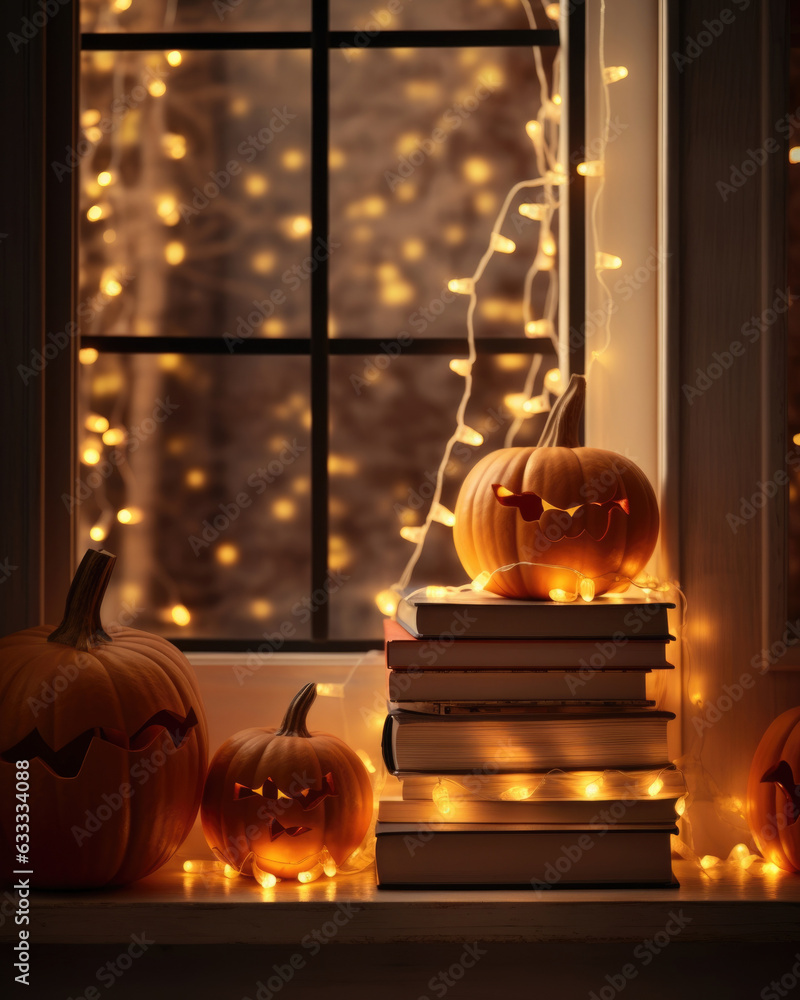 Φωτογραφία A photograph of a window seat stacked with horror novels illuminated with warmhued fairy lights and finished with mini pumpkins