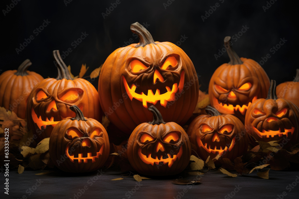 Fototapeta premium Floats of Ghoulishly Grinning Pumpkins in Sexy Costumes. Halloween art