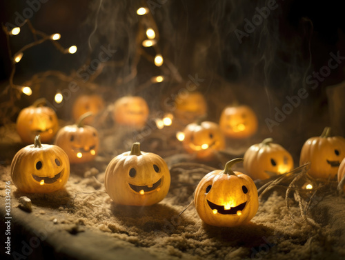 A ghostly group of pumpkins lit by eerie chirping fireflies. Halloween art © Justlight