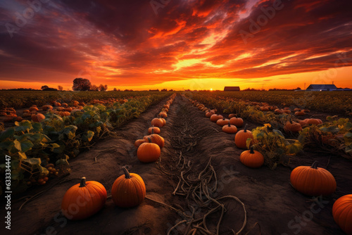 A ery orange sky above a fiery sunset over a pumpkin patch.. Halloween art