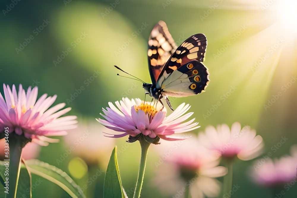 Wild flowers of clover and butterfly in a meadow in nature in the rays of sunlight in summer in the spring close-up of a macro. A picturesque colorful artistic image with a soft focus