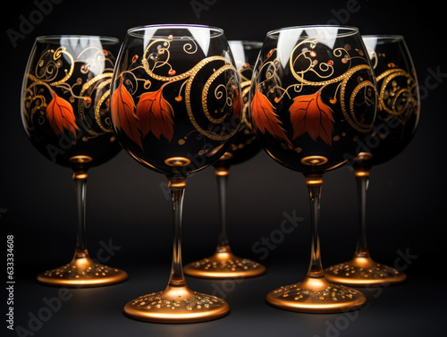 Curved Black PumpkinThemed Wine Glasses with Deep Orange Intricate Paint Details. Halloween art photo