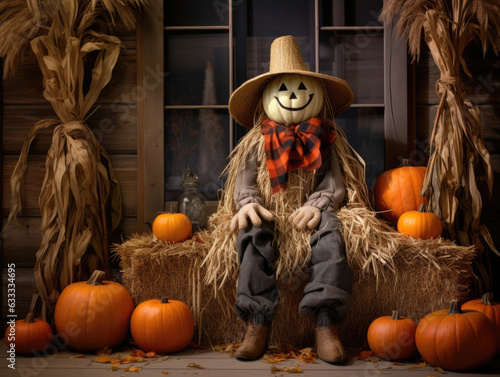 Tela A vintagestyle porch framed with pumpkins hay bales and a scarecrow with an old cornhusk broom held in its hand
