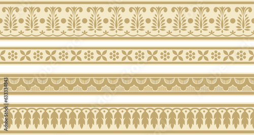 Vector set of seamless gold indian national ornament. Ethnic endless plant border. Flowers frame. Poppies and leaves..