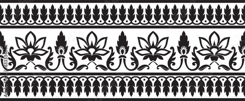 Vector seamless monochrome black Indian national ornament. Ethnic endless plant border. Flowers frame. Poppies and leaves..