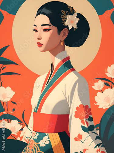 japanese geisha in kimono, asian woman in kimono japanese posterize style color, generative ai