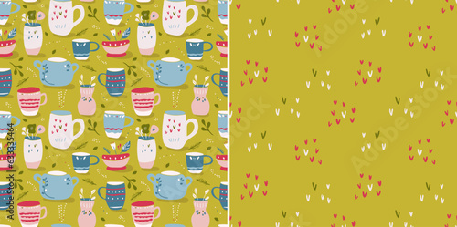 Set Seamless mug and vase pattern on green background and hearts pattern. Cute seamless vector in simple shapes for textile printing or packaging