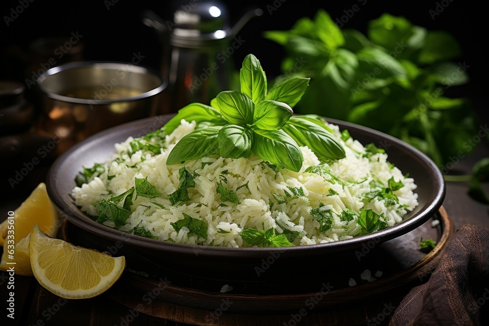 Cauliflower rice with basil in a bowl close - up. Horizontal top view. Generative AI Cauliflower rice with basil in a bowl close - up. Horizontal top view. Generative AI