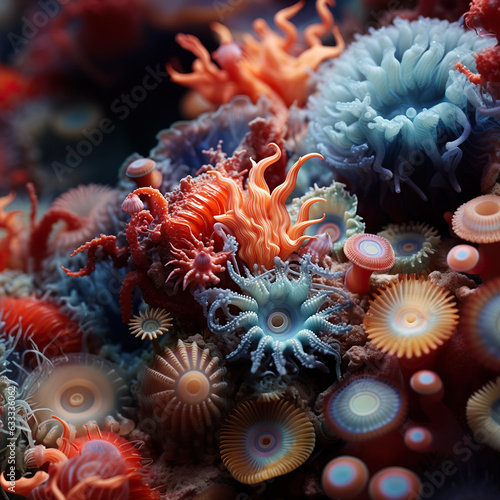 Macro sea corals reef  ocean seaweed   undersea animals. Closeup underwater life  aquarium wildlife  tropical water nature beauty