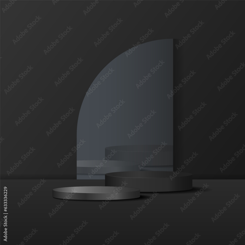 Fototapeta premium realistic 3D black and silver podium with mirror decoration in the background.