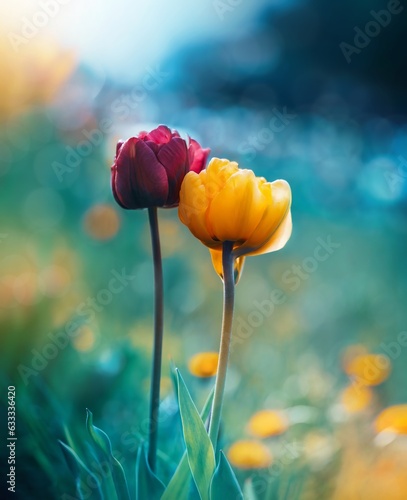 Close up of two tulip flowers in red and yellow color. Teal blue contrasting background with soft focus, blurred elements and bokeh bubbles. Bright colorful subject against dark and moody background (ID: 633336420)