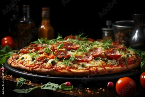 Hot tasty traditional italian pizza with salami, cheese, tomatoes greens on a dark background. Generative AI